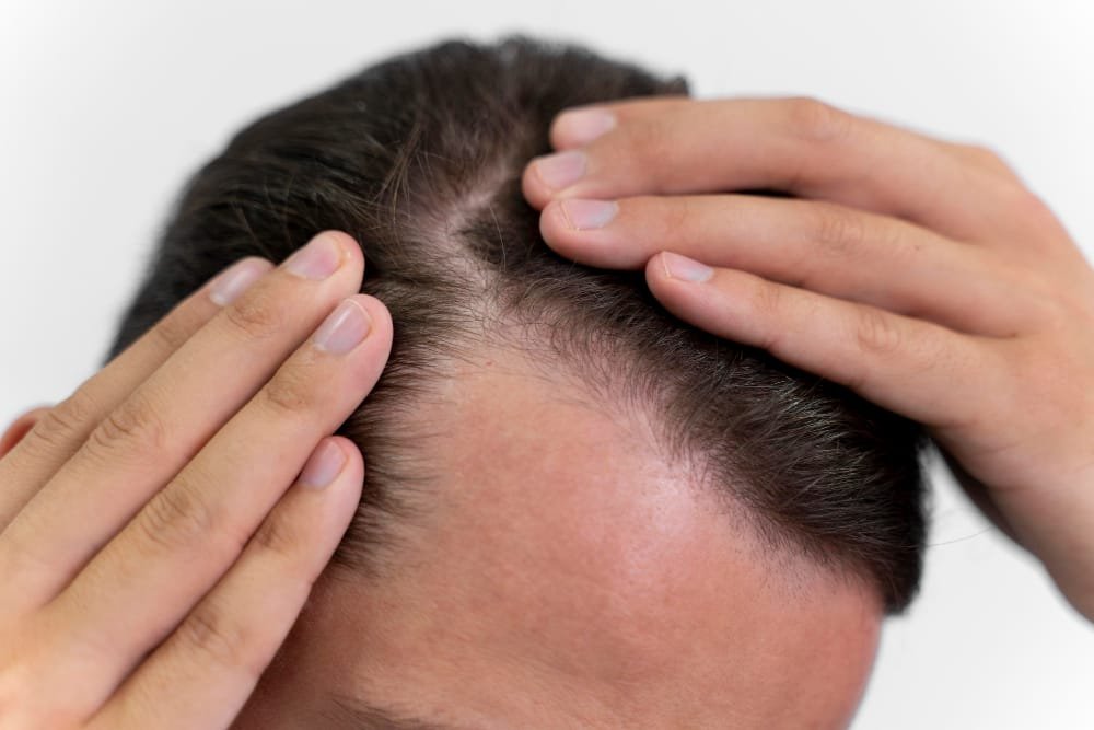 Hombre adulto con una entrada en la cabellera, principio de caida de cabello o alopecia.