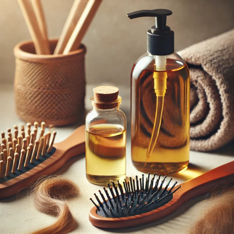 A bottle of castor oil placed next to a hairbrush and strands of hair on a neutral background. The setting shows hair care items including a towel
