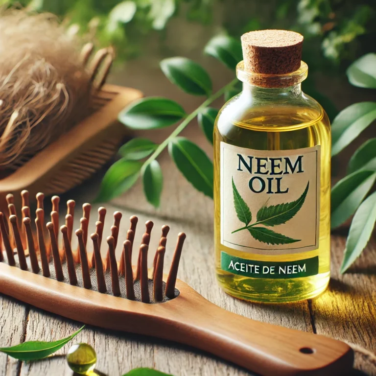 A bottle of neem oil placed beside a wooden comb and natural hair strands, with a green leafy background