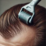 A close-up image of a dermaroller, a small handheld device with tiny needles on a roller, being used on the scalp. The dermaroller is shown in use for