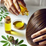A close-up image of a hand applying golden jojoba oil to the scalp, showing the shiny and healthy hair of the person, focusing on the roots