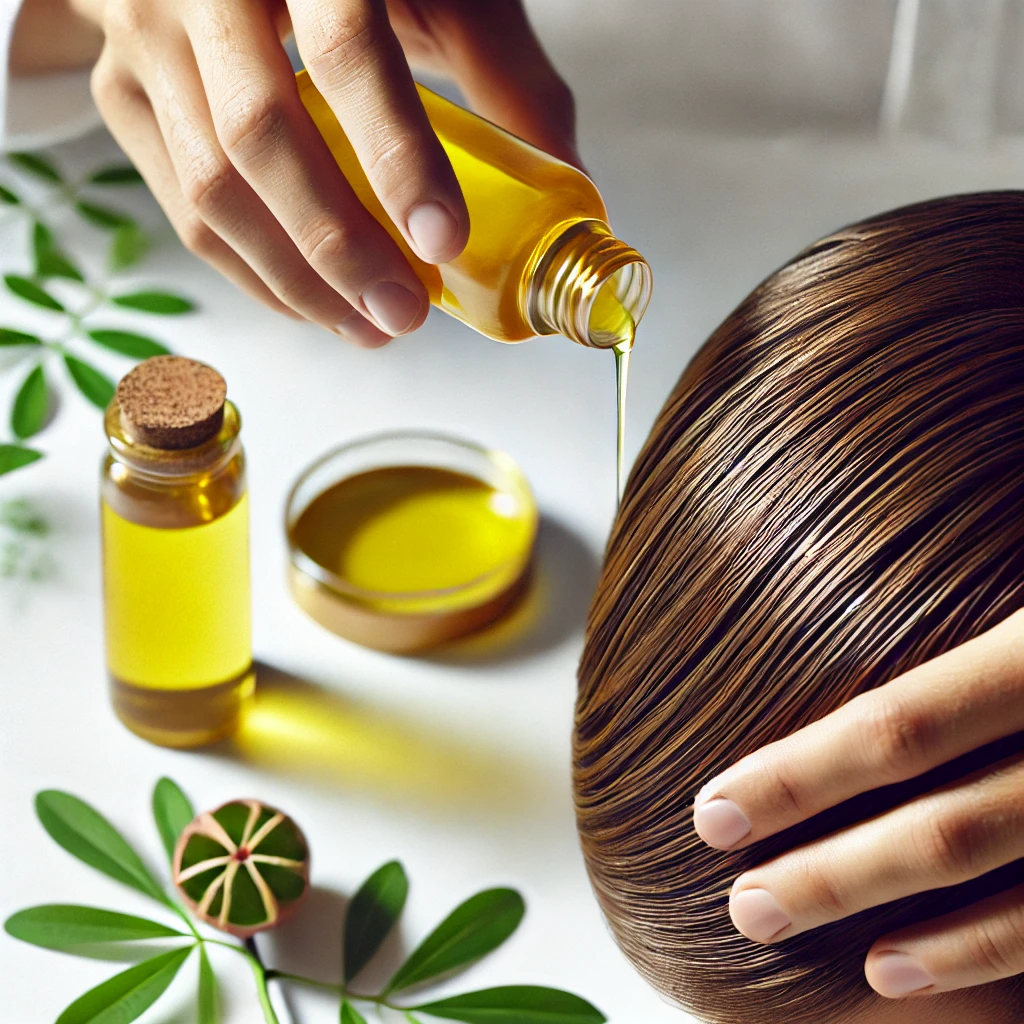 Aceite de jojoba aplicado al cuero cabelludo junto al fruto de jojoba.