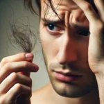 A close-up image of hair strands falling out from a person's scalp, with a worried expression on their face. The person is holding a few strands of ha