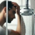 A close-up of a modern showerhead with a visible water filter installed. In the background, there's a silhouette of a person gently touching their hai