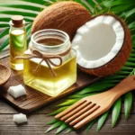 A close-up of natural coconut oil in a glass jar next to a wooden comb and fresh coconut halves, placed on a wooden surface with a background of green