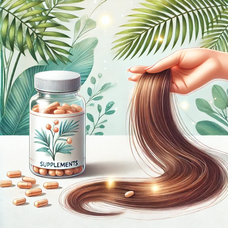 A detailed illustration of a bottle of Saw Palmetto supplements next to a healthy, shining strand of hair, along with falling strands, symbolizing hai