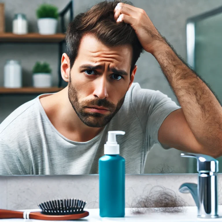 A man in front of a bathroom mirror looking concerned about hair loss, holding a bottle of minoxidil, with some hair strands on the sink. His expressi