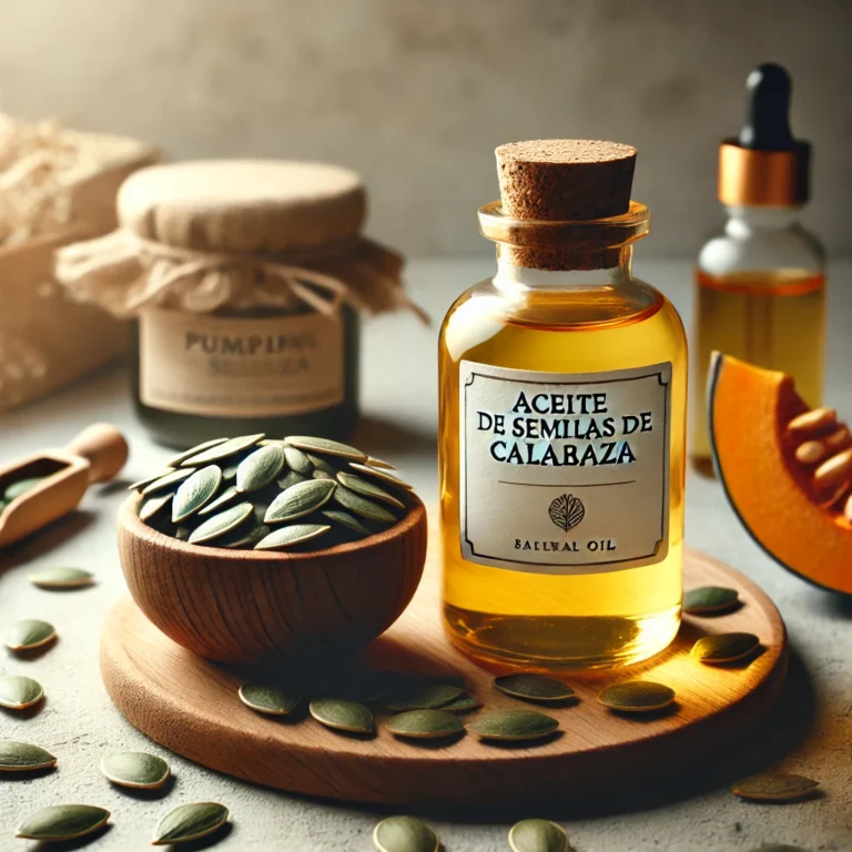 A natural oil bottle labeled 'Aceite de Semillas de Calabaza', placed next to a few pumpkin seeds, with a subtle backdrop of hair care products. The b