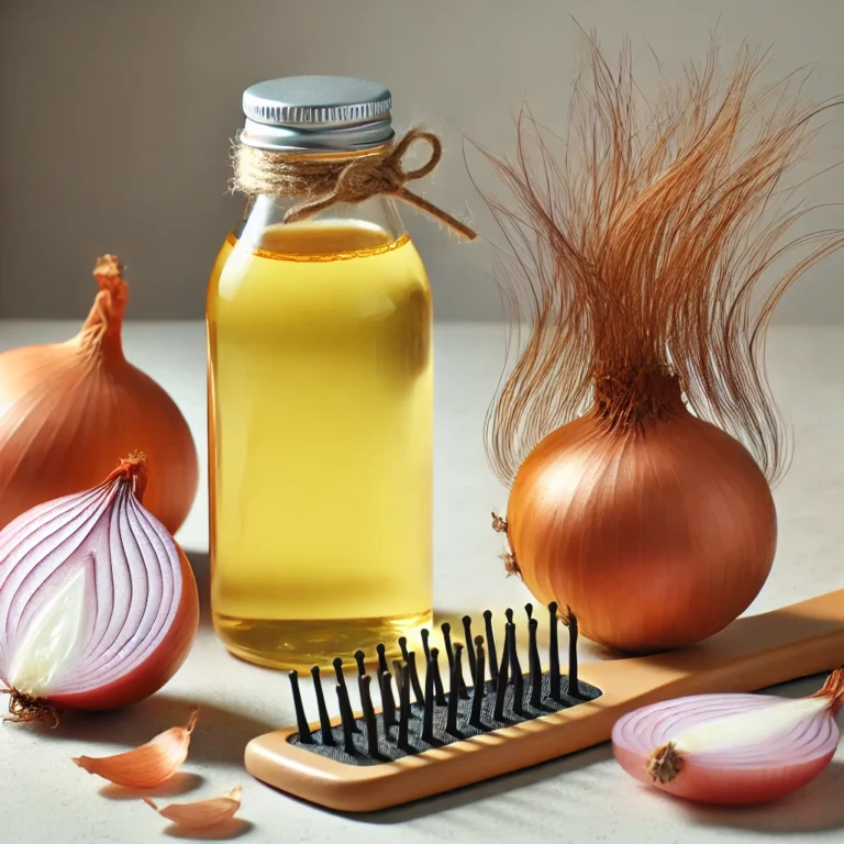 A natural remedy for hair loss featuring onions, with an open bottle of onion juice, a comb, and strands of hair visibly strengthening