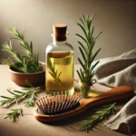 A natural remedy setup showing a bottle of rosemary oil next to fresh rosemary sprigs, with a hairbrush, all placed on a simple wooden surface