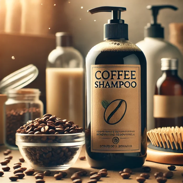 A natural scene showing a bottle of coffee shampoo on a bathroom counter, next to a small container of coffee beans. The shampoo bottle has clear, org