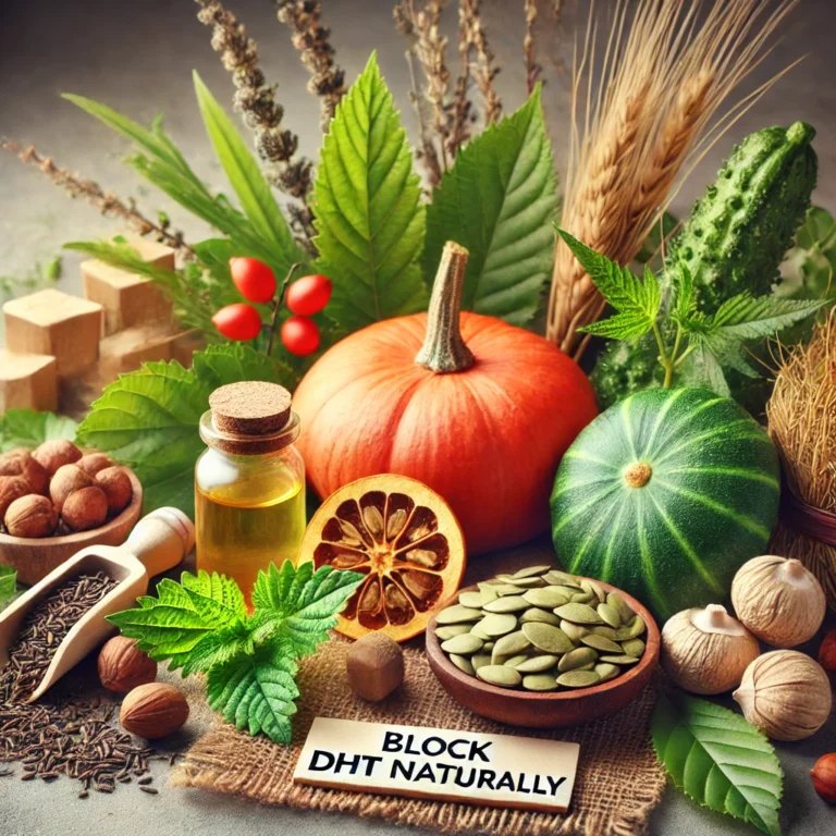 A natural scene showing various foods and herbs that are known to block DHT naturally. The image should include ingredients such as saw palmetto