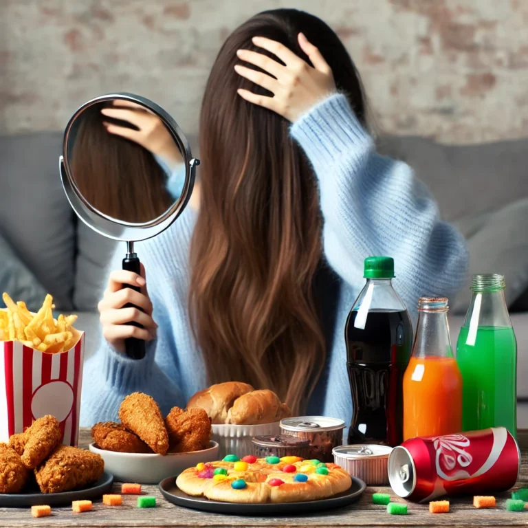 A person examining their hair in front of a mirror, worried about hair breakage. In the foreground, there are foods like fried chicken, sugary snacks,