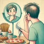 Persona mirando comida rica en gluten y notando pérdida de cabello en el espejo.