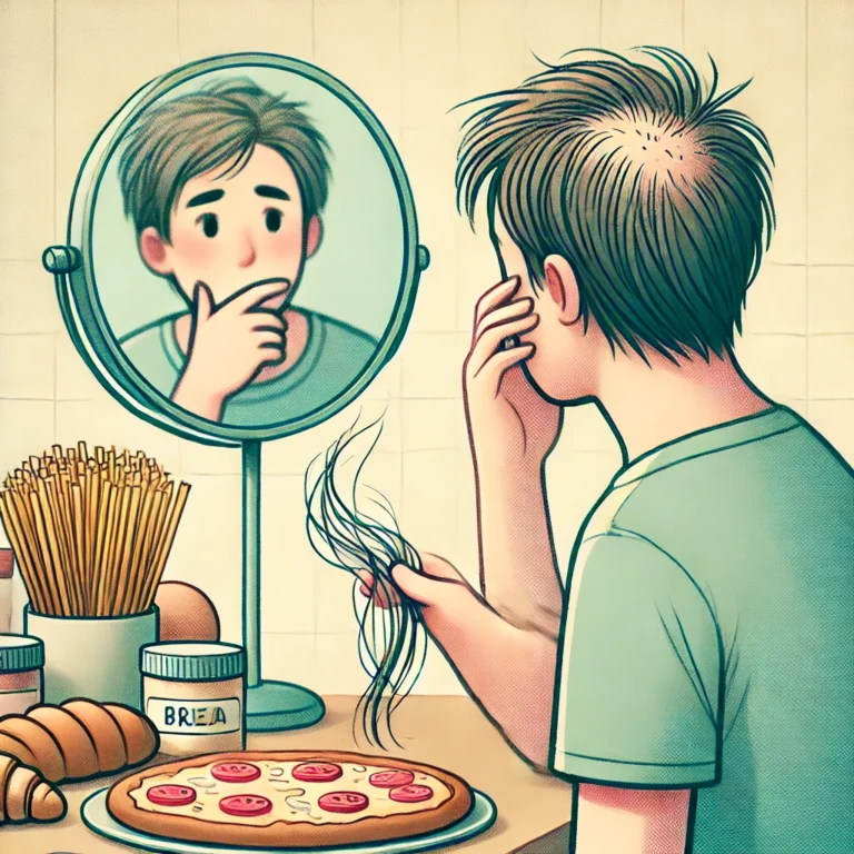Persona mirando comida rica en gluten y notando pérdida de cabello en el espejo.
