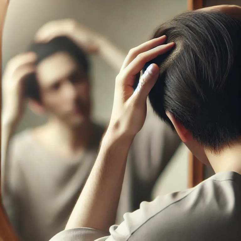 A person looking at their hair in the mirror, noticing hair loss, with a slightly worried expression. The background is soft and neutral, focusing att