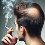A person with thinning hair and cigarette smoke rising around their head, highlighting the connection between smoking and hair loss. The image shows a