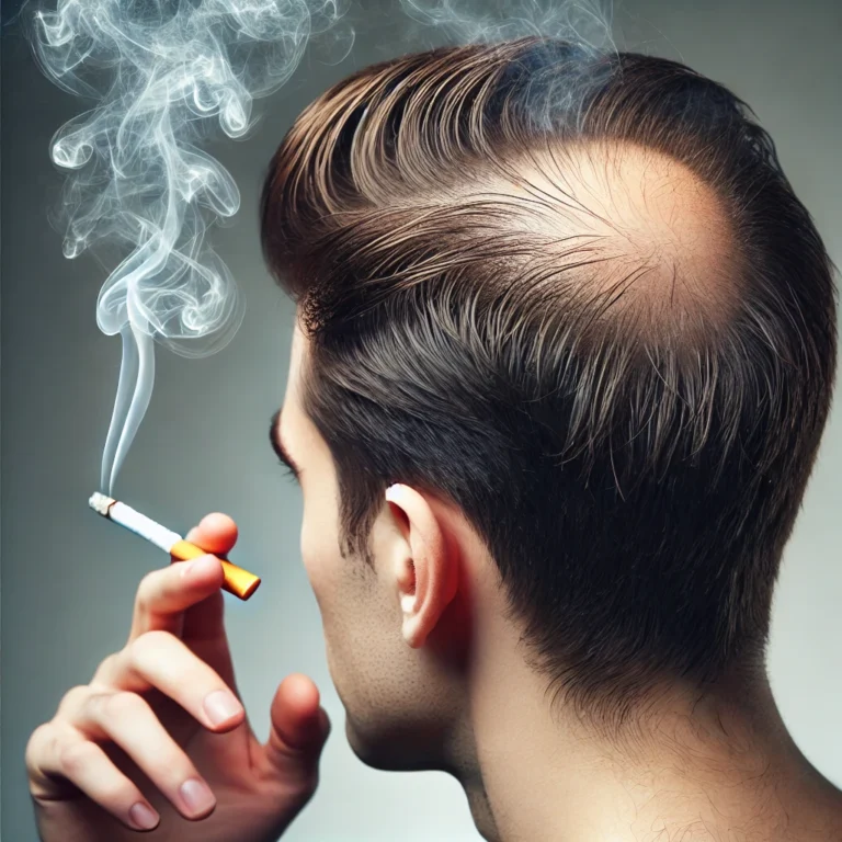 A person with thinning hair and cigarette smoke rising around their head, highlighting the connection between smoking and hair loss. The image shows a