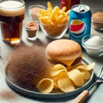 A plate of unhealthy ultra-processed foods, such as fast food burgers, chips, and sugary drinks, with a few strands of hair scattered on the plate, sy