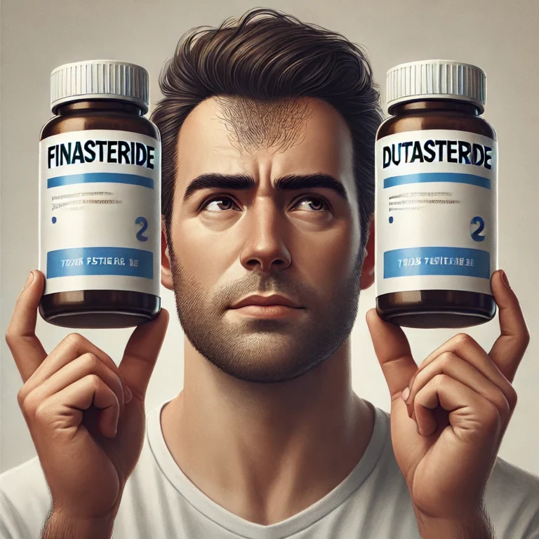 A realistic illustration of a man looking at two bottles labeled 'FINASTERIDE' and 'DUTASTERIDE', with some hair loss visible on his head. The labels