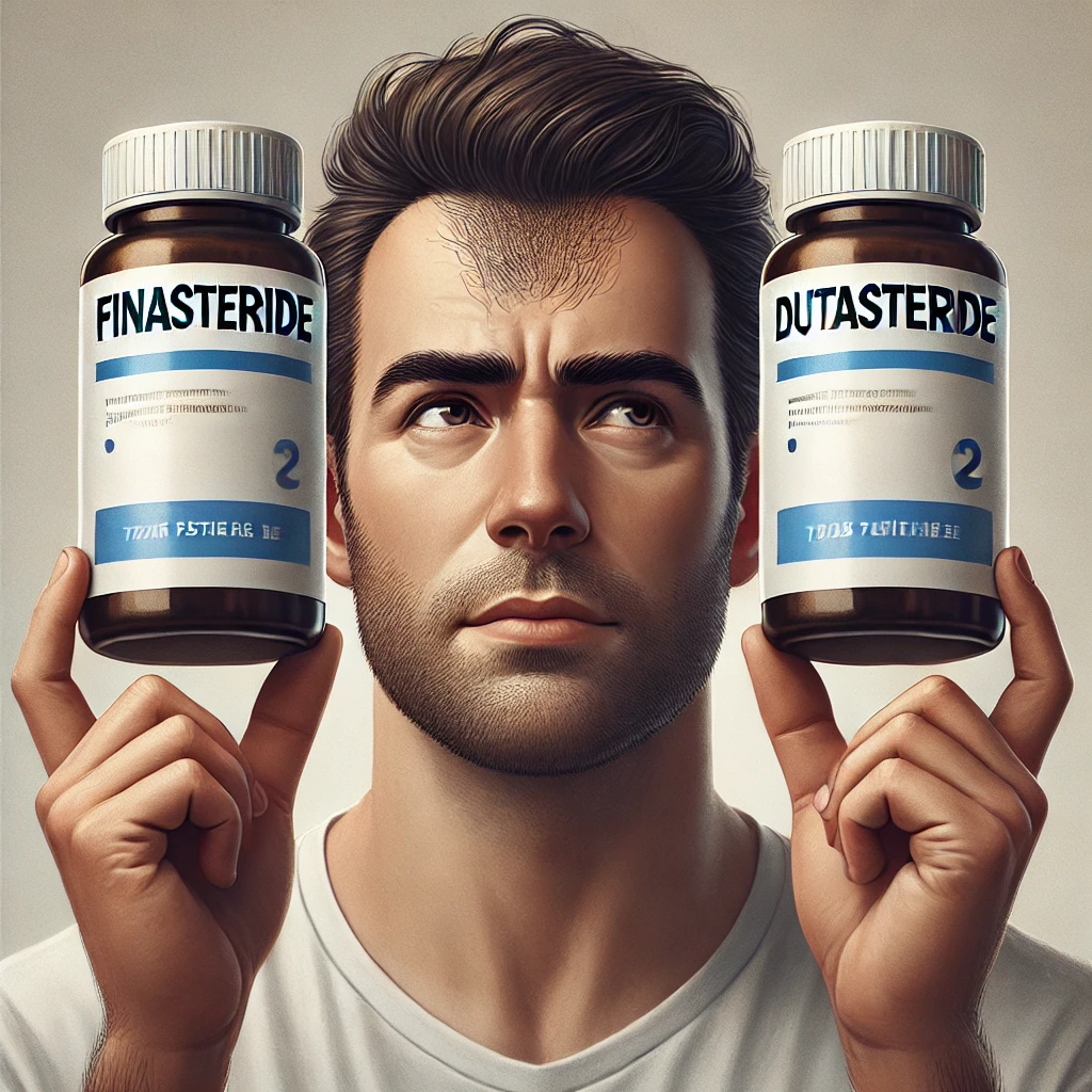 Hombre contemplando dos frascos de tratamiento para la caída de cabello, uno claramente etiquetado "FINASTERIDE" y el otro "DUTASTERIDE", con una expresión pensativa mientras decide cuál elegir.