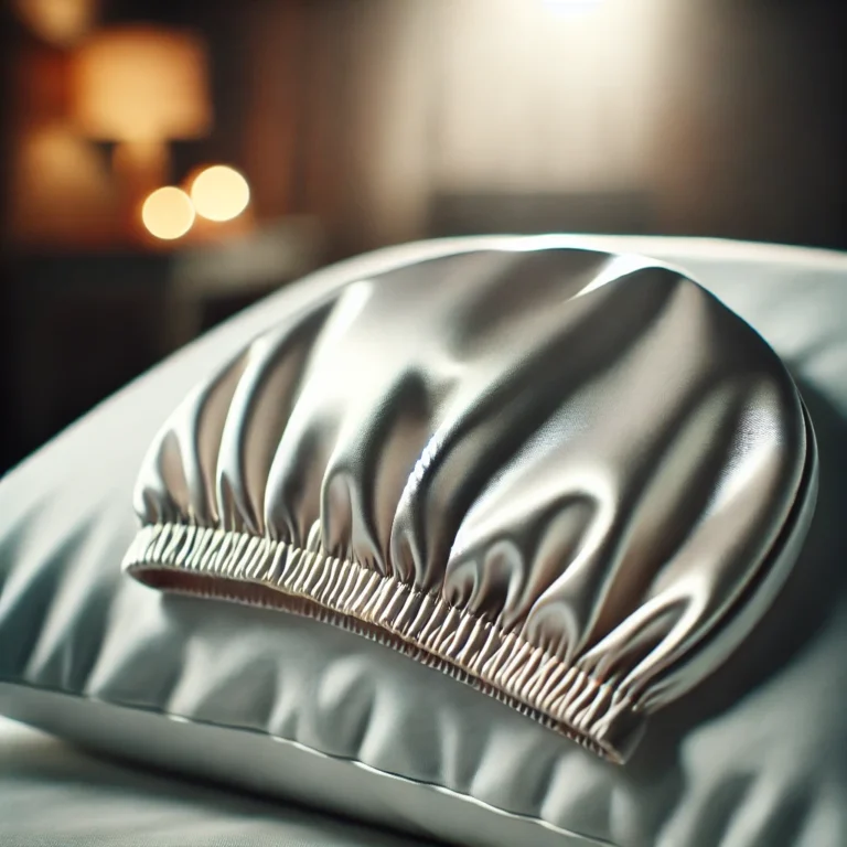 A satin sleep cap placed on a clean white pillow with a soft focus, emphasizing the smooth texture of the satin and its gentle reflection. The environ