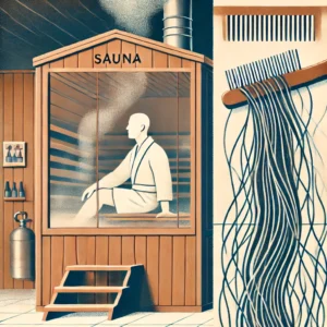 A sauna with a person relaxing inside, showing the steam rising, while subtly depicting hair loss concerns. The scene should emphasize a clean, soothi