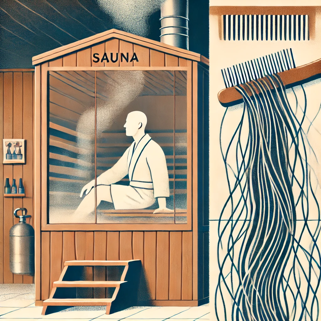 Persona relajándose en una sauna con indicios de preocupación por la caída del cabello.