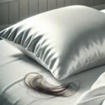 A silk pillowcase placed on a neatly made bed, with a few strands of hair on the pillow, symbolizing hair care and hair loss prevention. The texture o