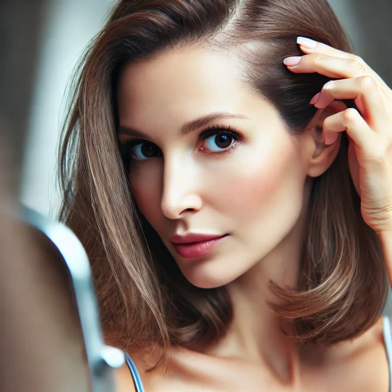 A woman looking in the mirror, examining her hairline with concern