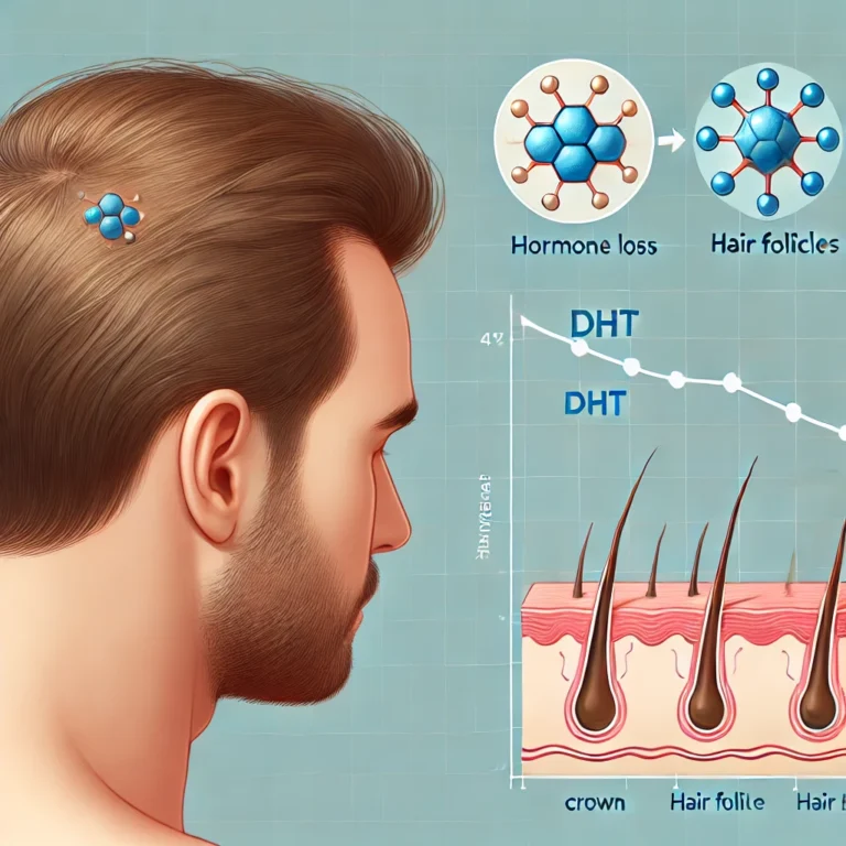 An image depicting a close-up of a man's head showing gradual hair loss on the crown and hairline, along with an illustration of the hormone DHT inter