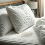 An image of clean white bed sheets on a neatly made bed, with a few strands of hair visibly resting on the pillow. The setting is a clean and bright b