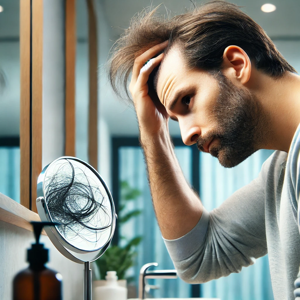 Hombre preocupado por la caída del cabello, considerando bloqueadores DHT