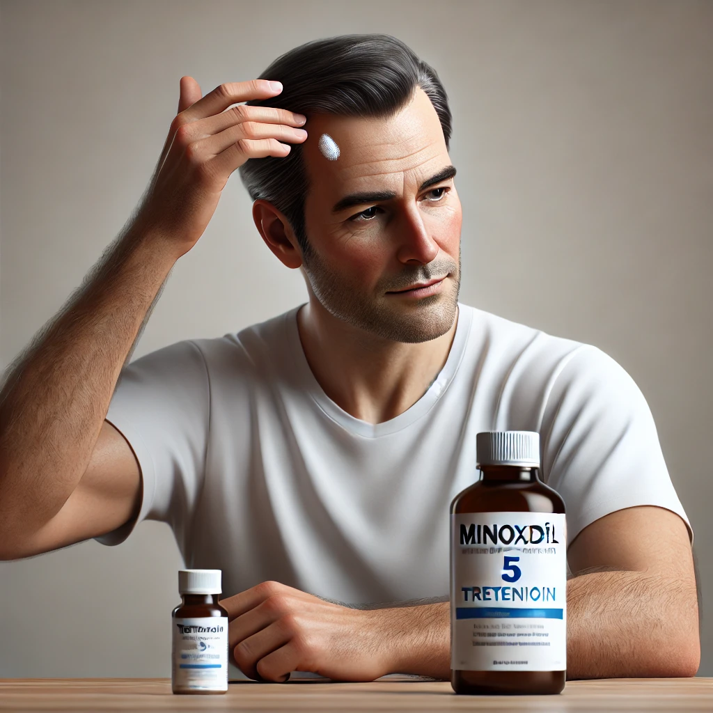 Hombre de mediana edad aplicando minoxidil en el cuero cabelludo con una botella de tretinoína cerca.