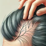 illustration showing a scalp with thinning hair due to telogen effluvium. The scalp has areas of hair loss, but also some hair regrowth