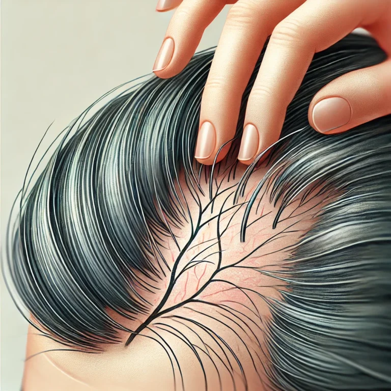 illustration showing a scalp with thinning hair due to telogen effluvium. The scalp has areas of hair loss, but also some hair regrowth