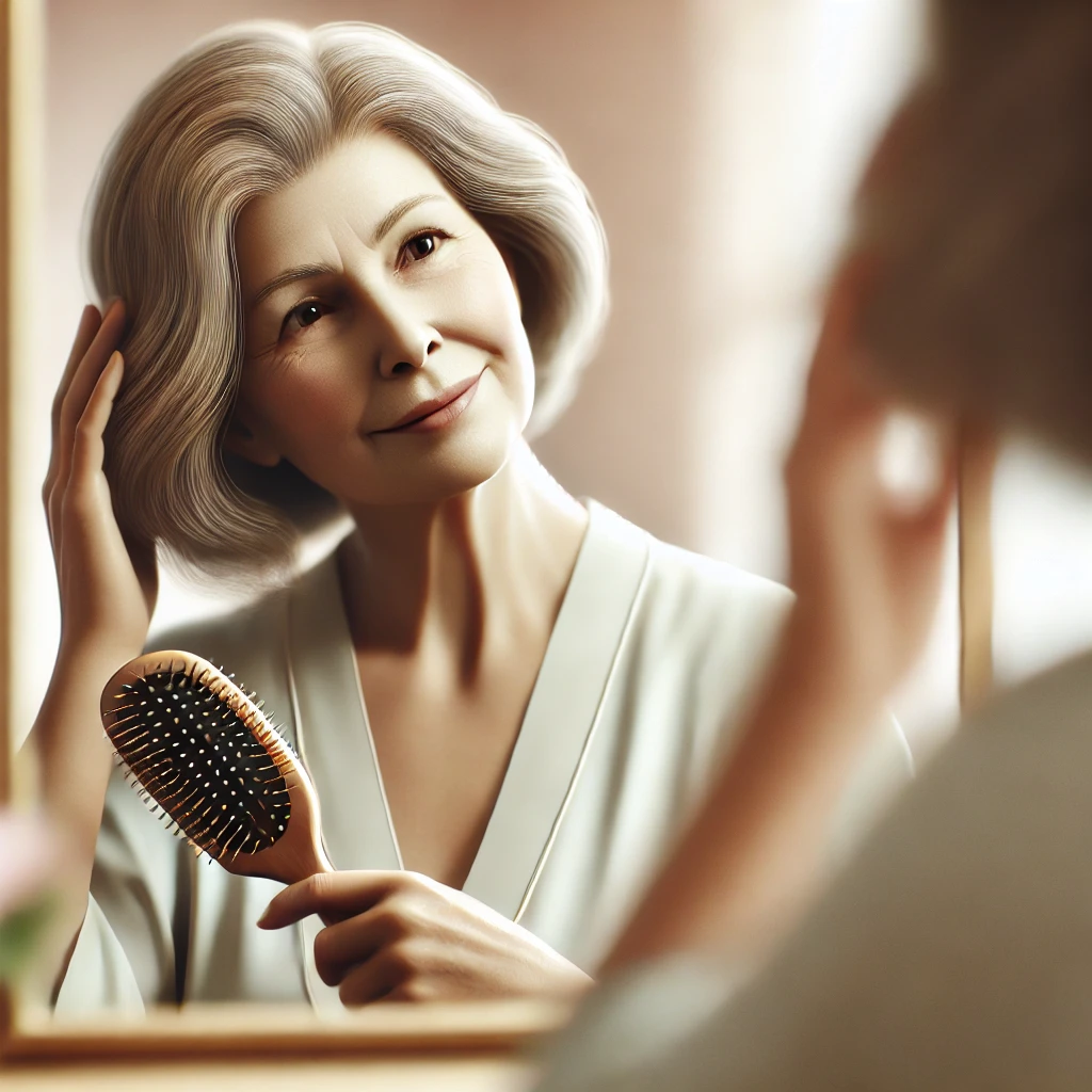 Alt: Mujer mayor cuidando su cabello en un entorno relajado