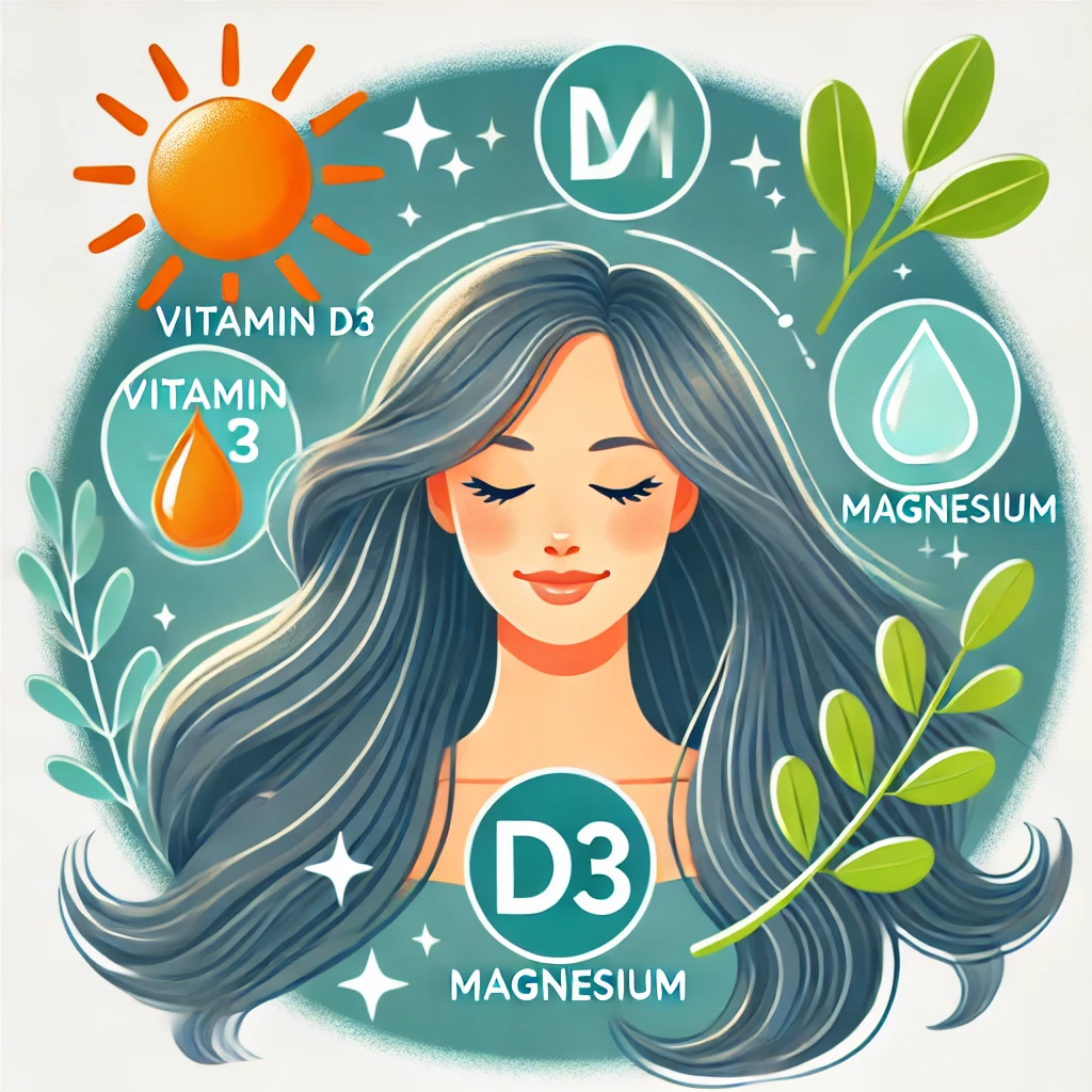 Mujer con cabello saludable representando los beneficios de la vitamina D3 y el magnesio para combatir la caída de cabello, junto a íconos del sol y hojas verdes.
