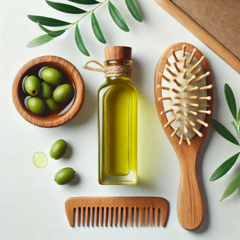 A clear image showing a bottle of olive oil next to a wooden hairbrush and fresh green olives on a white, clean background