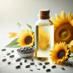 A close-up image of a bottle of sunflower oil with sunflower seeds and fresh sunflowers around it. The bottle is placed on a simple