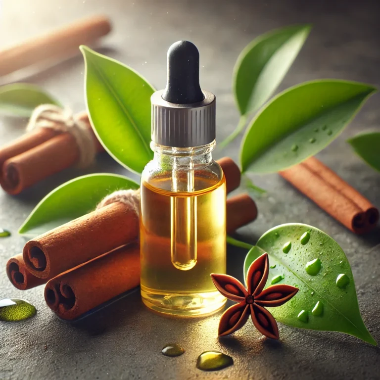 A close-up image of a natural cinnamon oil bottle with a dropper, placed alongside a few cinnamon sticks and fresh green leaves