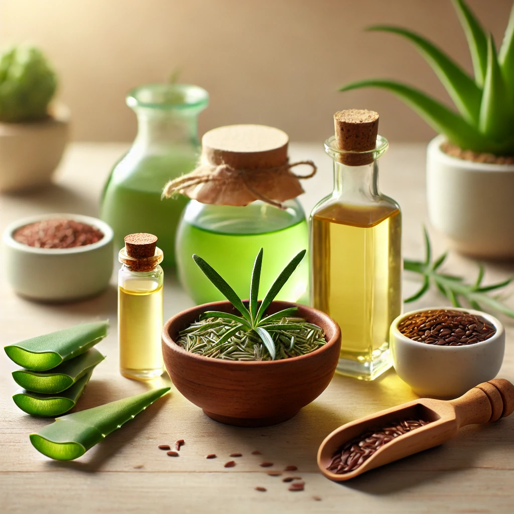 Ingredientes naturales como aloe vera, aceite de romero, té verde, semillas de lino y aceite de oliva, usados como remedios para la pérdida de cabello en la menopausia.