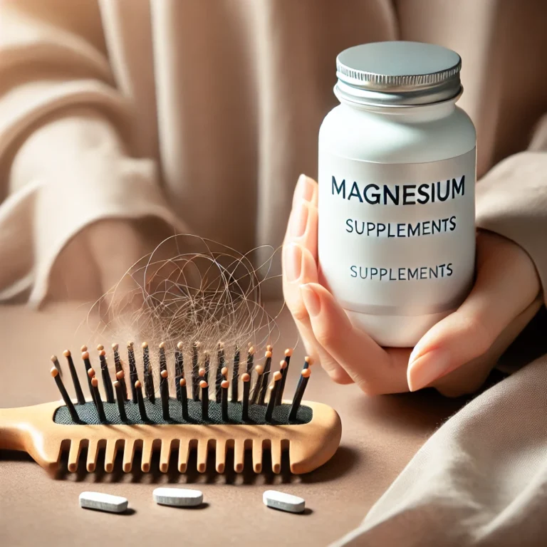 A close-up of a person's hand holding a bottle of magnesium supplements next to a comb with a few strands of hair on it, symbolizing hair care