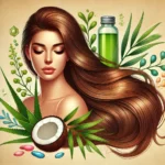 A detailed and vibrant illustration of long, healthy hair with natural elements like aloe vera, coconut oil, and essential vitamins surrounding