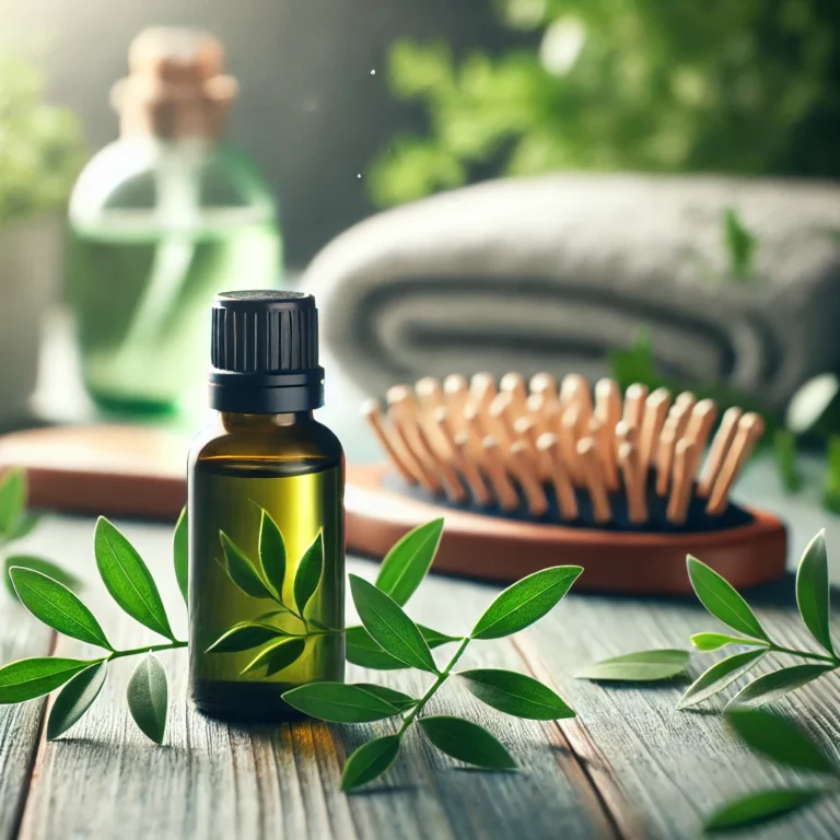 A detailed image of a bottle of melaleuca (tea tree) essential oil placed beside fresh green leaves, symbolizing natural health and wellness