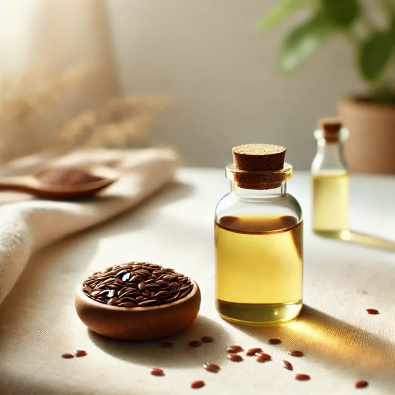 A natural and simple scene showing a small glass bottle of flaxseed oil and a few flaxseeds placed near it. The setting is minimalistic