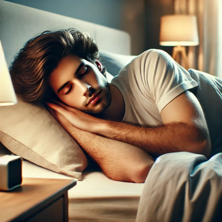 A peaceful bedroom scene with a young man sleeping on a comfortable bed, showing his healthy, thick hair. The room has a calming ambiance