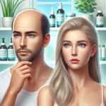 A realistic and detailed illustration of a man and a woman looking concerned about hair loss, with visible thinning hair on their scalps