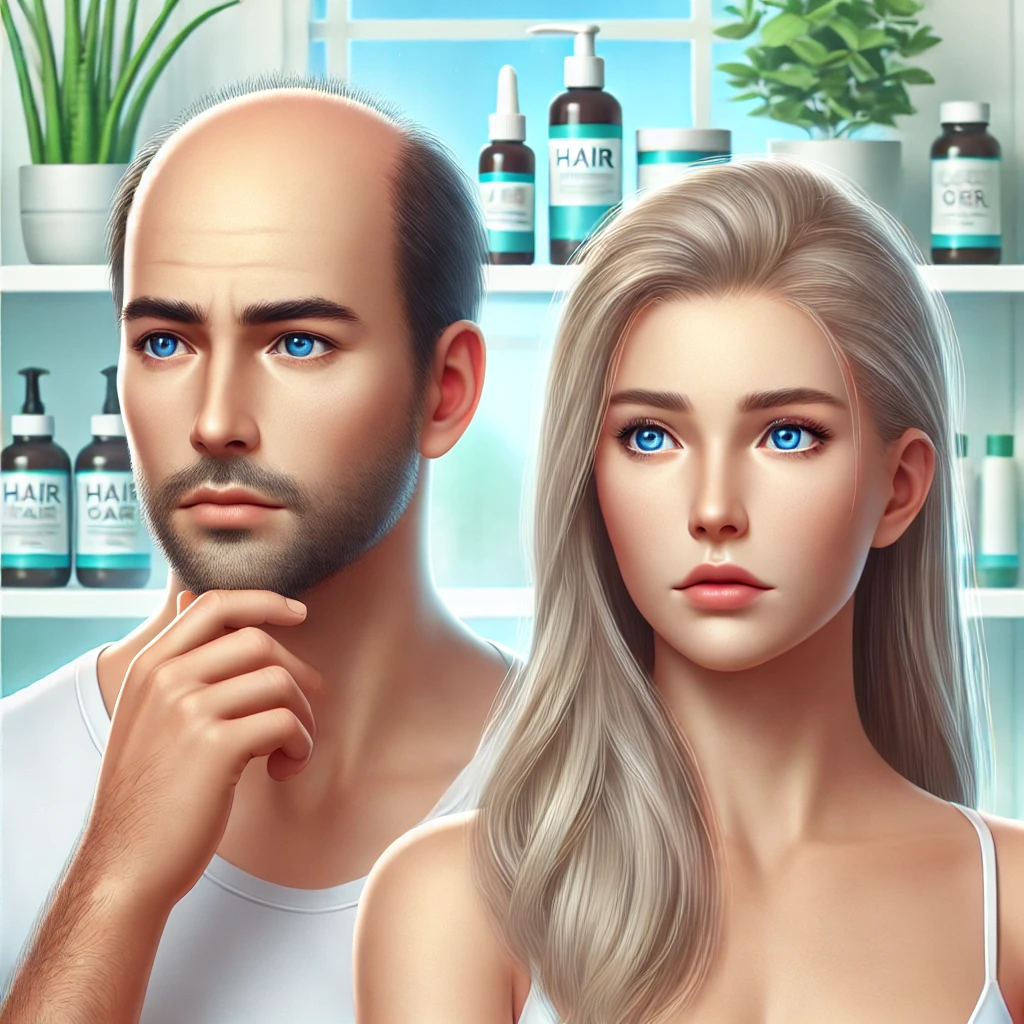 Hombre y mujer preocupados por la pérdida de cabello, rodeados de productos para el cuidado capilar y soluciones naturales, como aloe vera y aceite de coco.