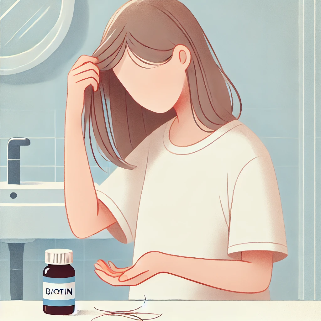 Persona joven examinando mechones de cabello, con un frasco de biotina en el fondo, ilustrando el posible rol de la biotina en la caída de cabello.